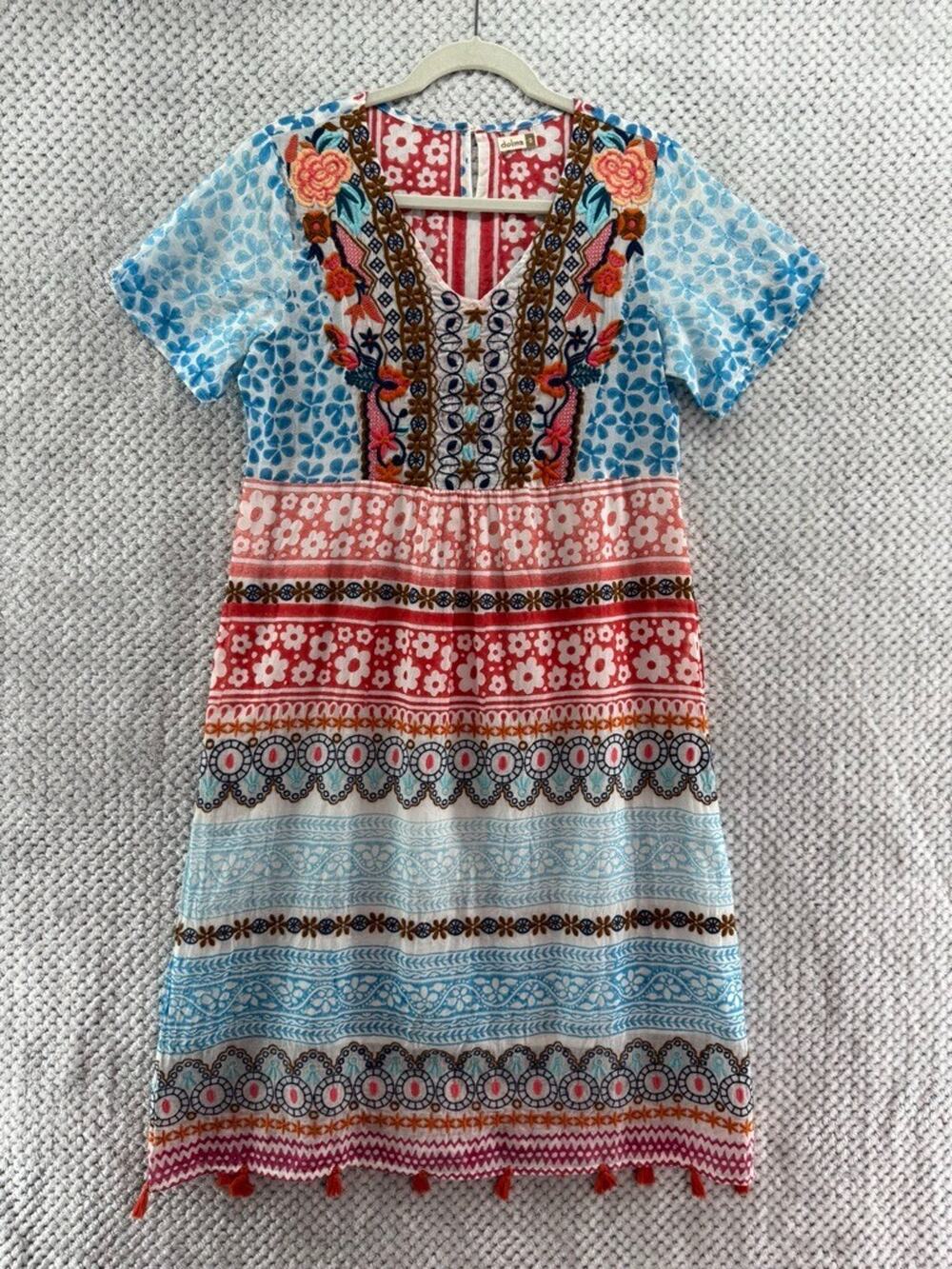 Dolma Anthropologie Dress Women S Red Blue Floral Embroidered V-Neck Boho Beach